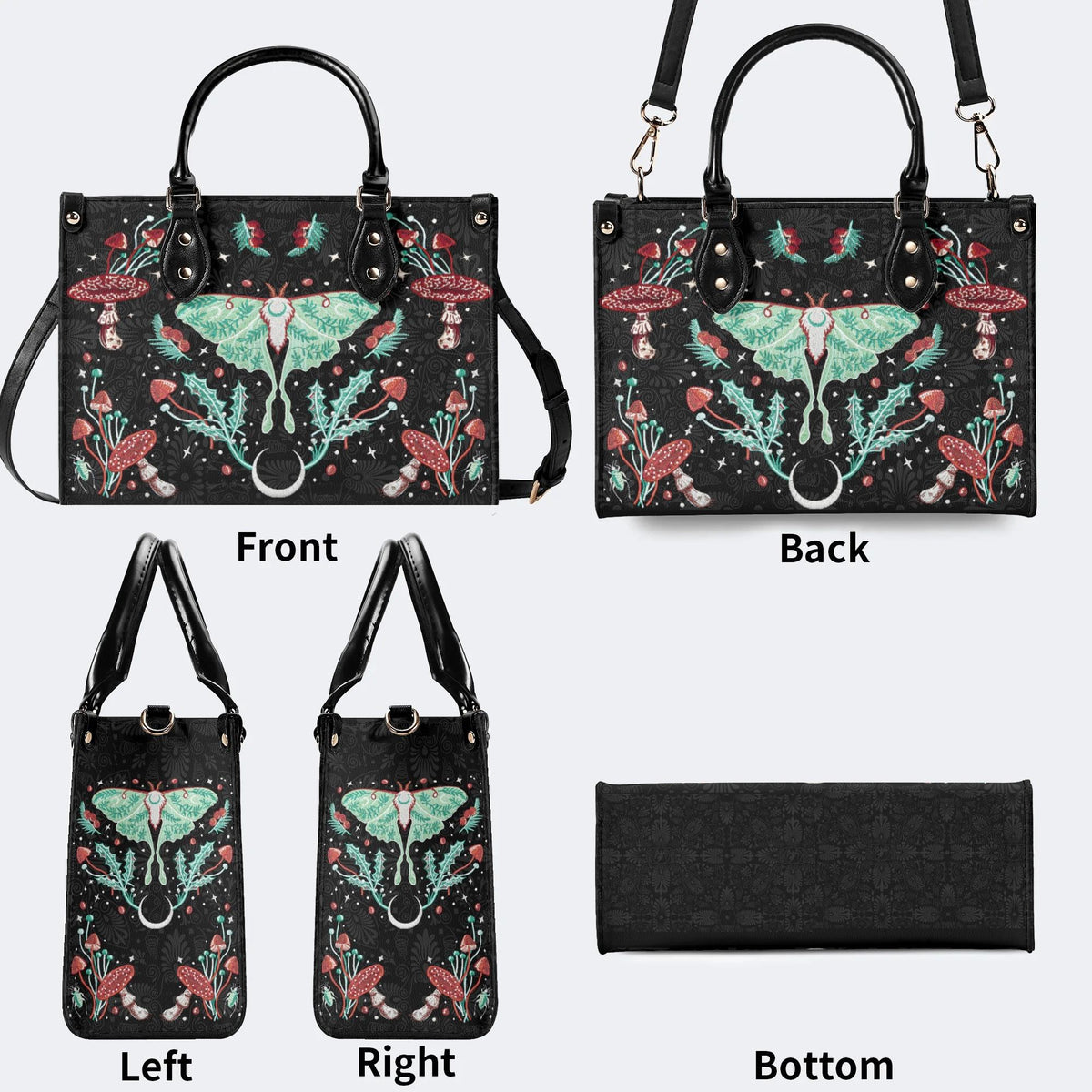 Green Moth In Mushroom Bush - Leather Handbag
