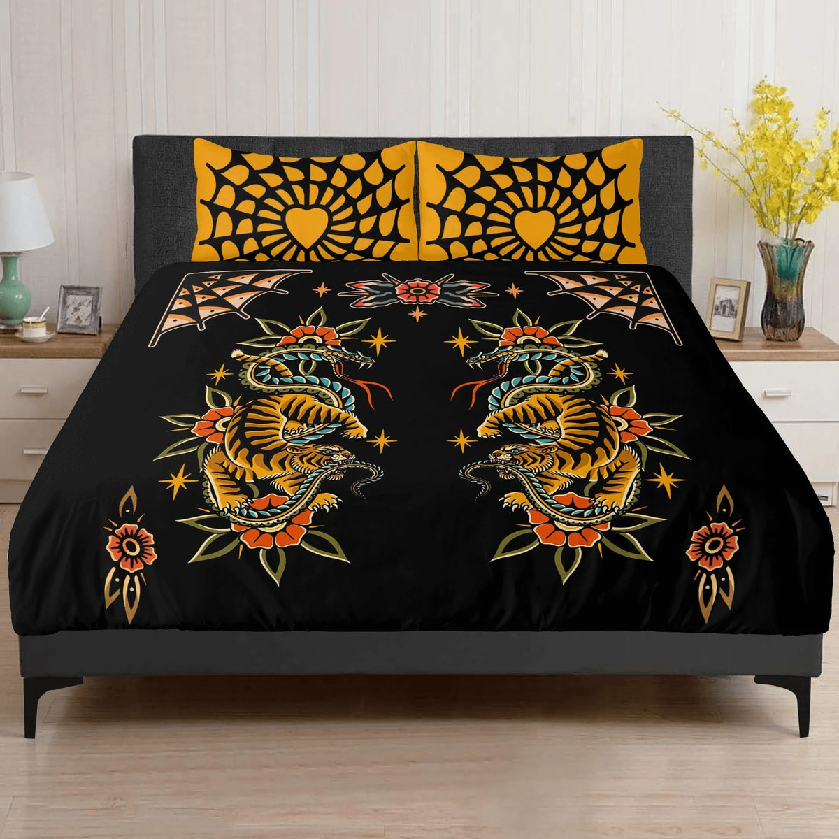 Dark Dragon And Snake Print - Three Piece Bedding Set