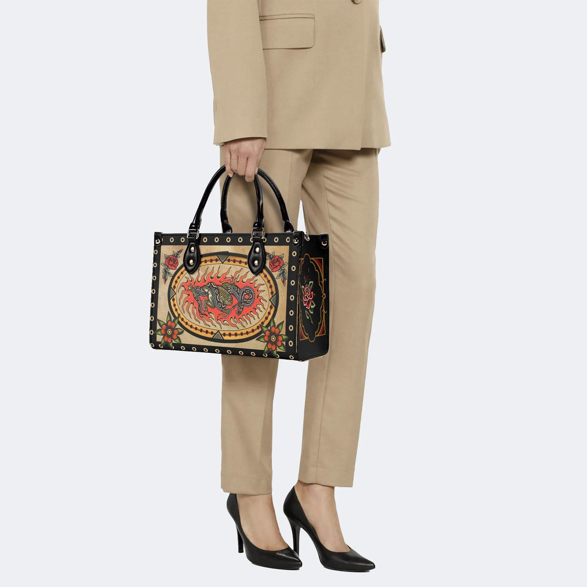 Retro Toad And Snake Print - Leather Handbag