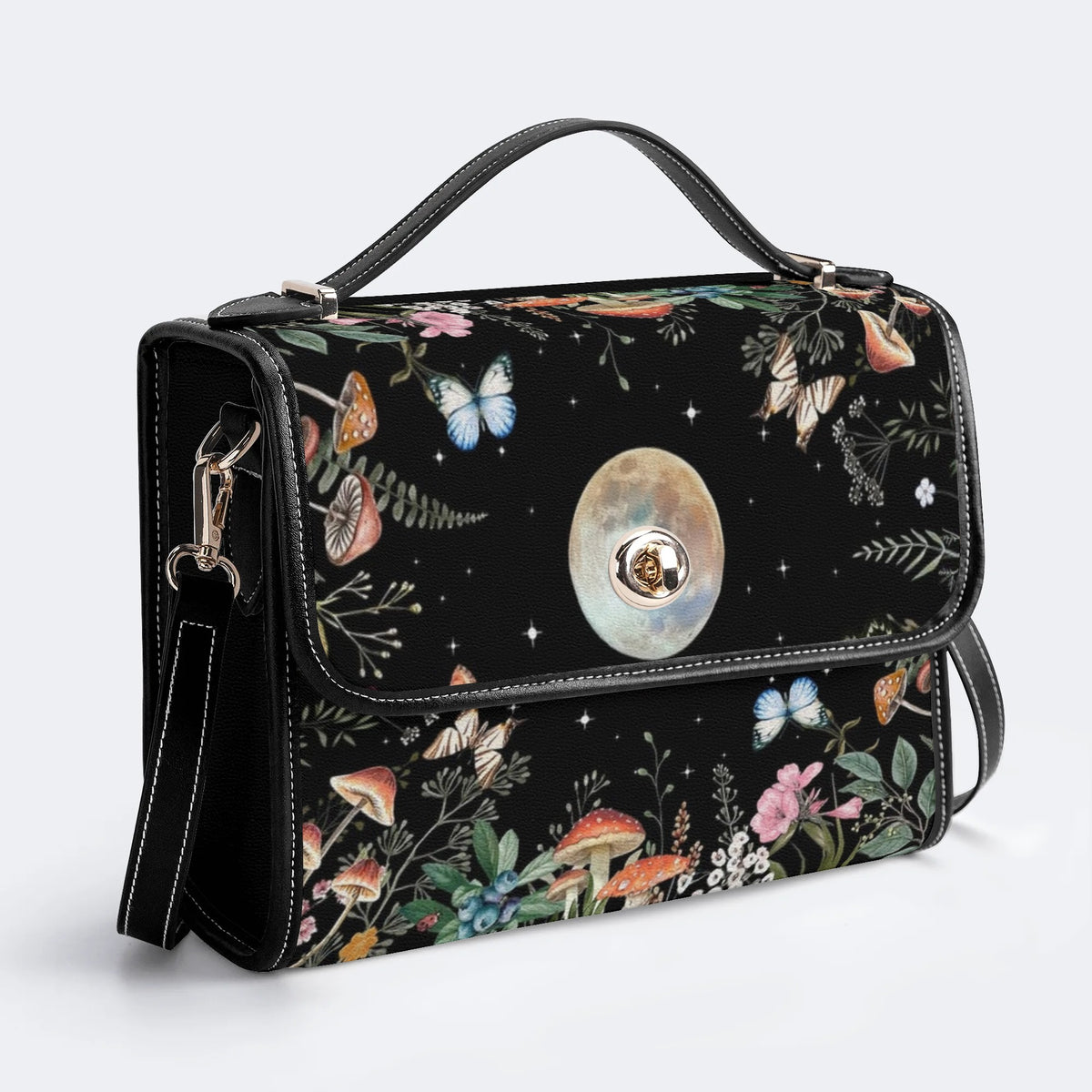 Starry Sky Floral Mushroom Print - Leather Satchel Bag