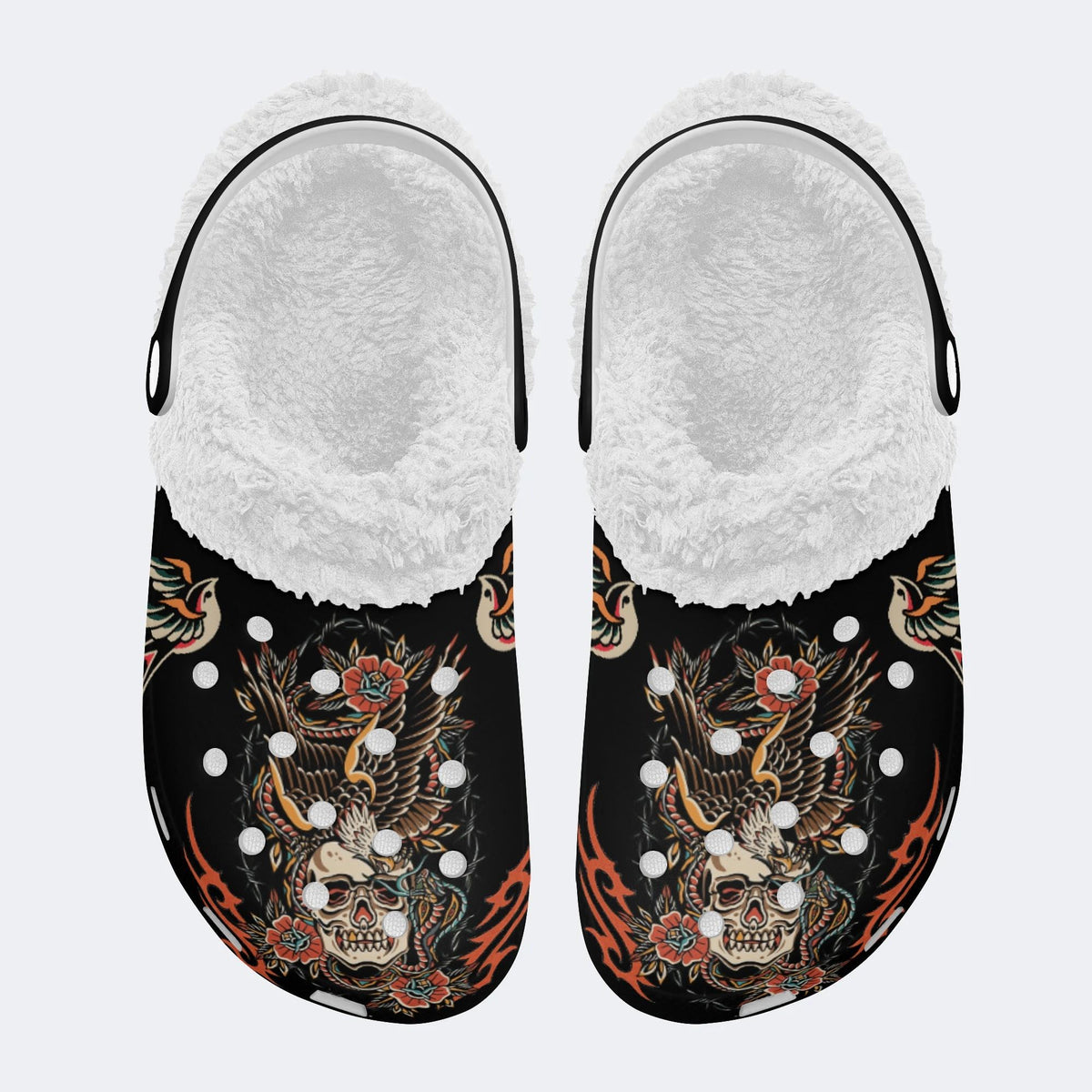 Old School Eagle&Snake&Skull Print - Fur Lined Slippers/Sandals