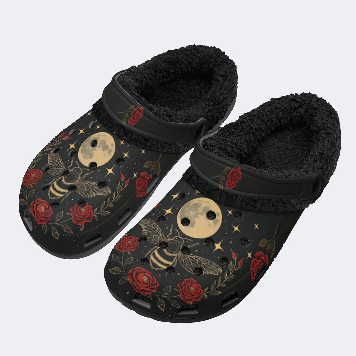 Moth And Moon Print - Fur Lined Slippers/Sandals