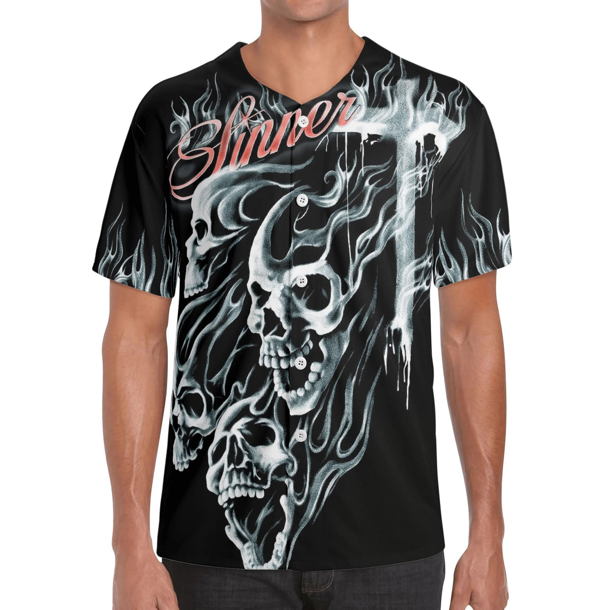 Flame Sinner Skulls - Men's Short Sleeve Baseball Jersey
