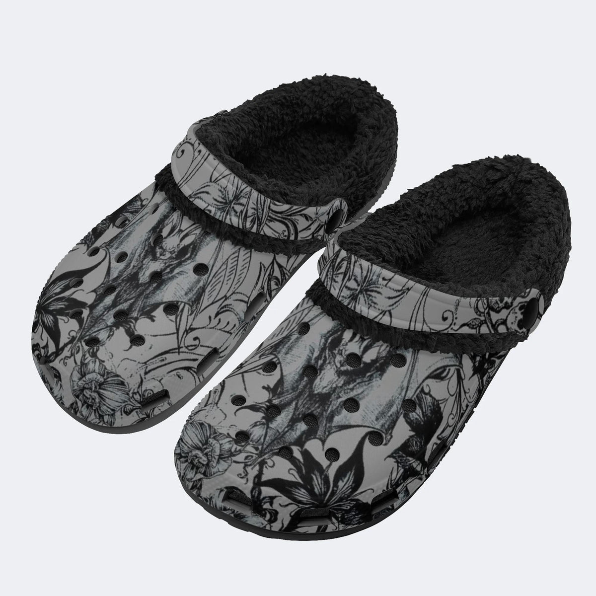 Gothic Floral Bat Print - Fur Lined Slippers/Sandals