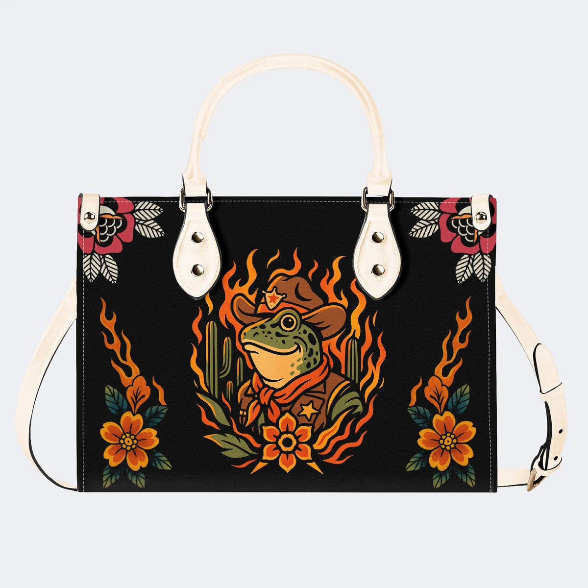 Flame Cowboy Frog Print - Leather Handbag