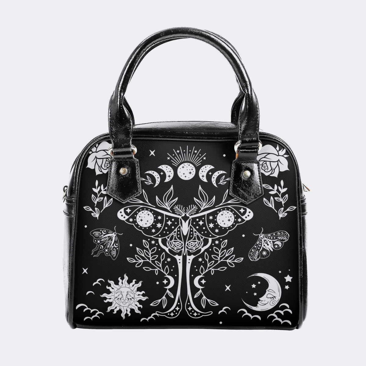 Sun And Moon Moth Retro Print - Leather Shoulder Handbag