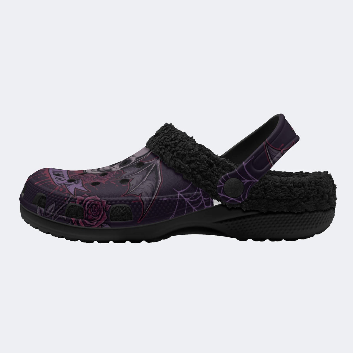 Gothic Winged Skull Dark Rose Spider Web - Fur Lined Slippers/Sandals