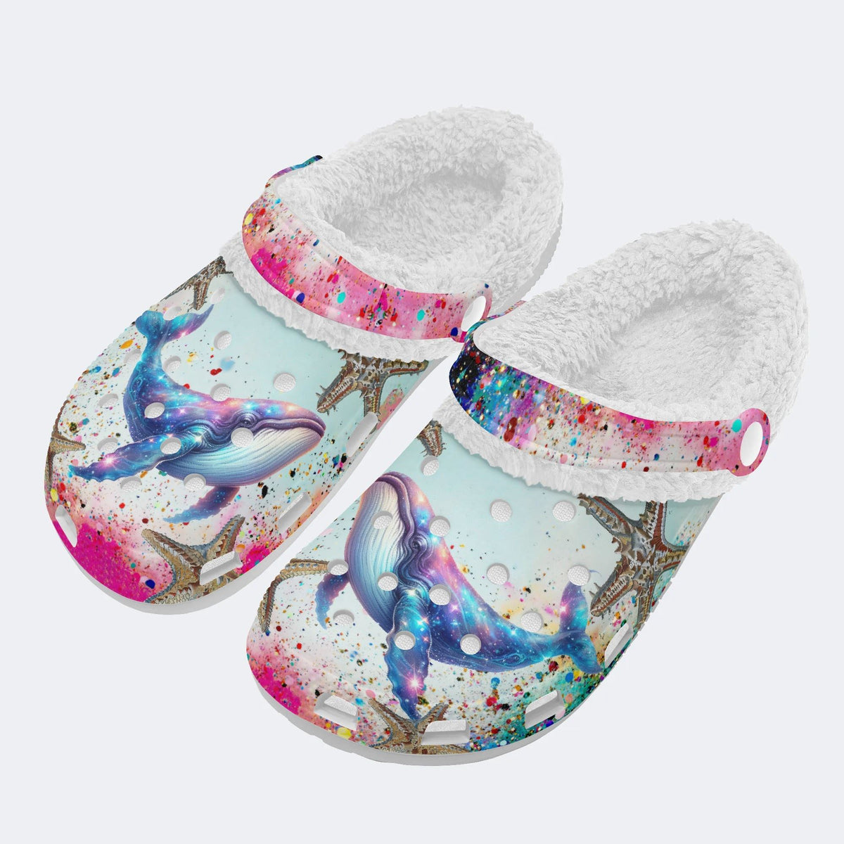 Colorful Whale And Starfish - Fur Lined Slippers/Sandals