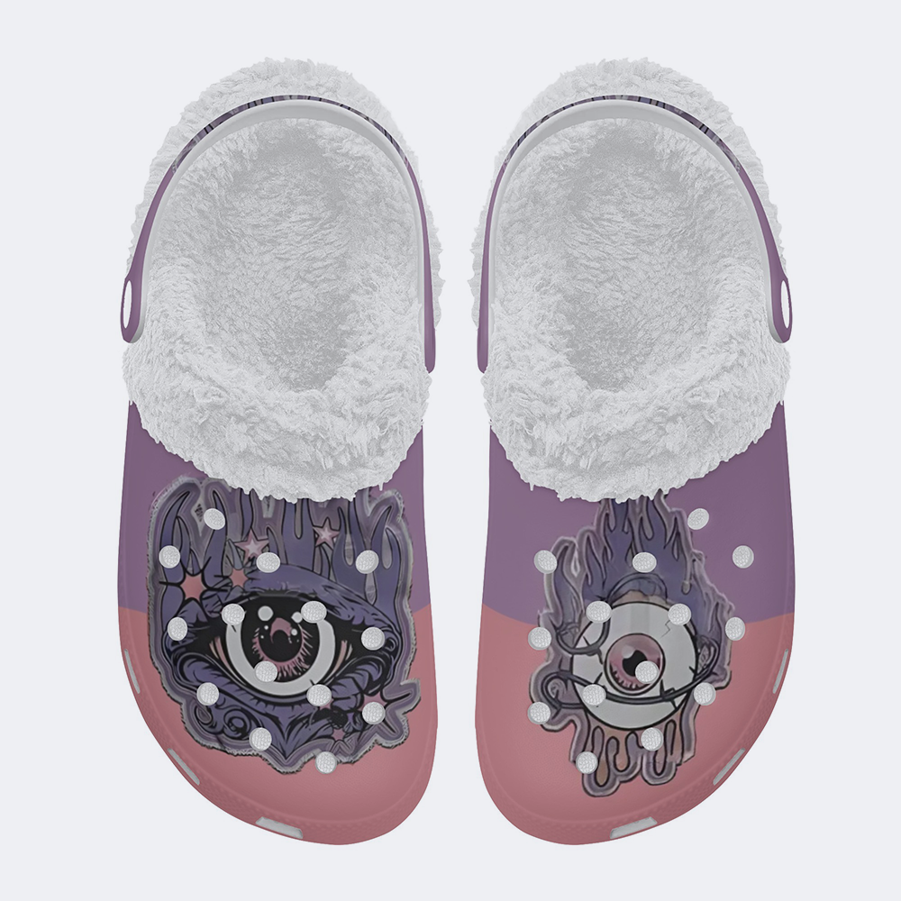 Colorblock Eye Faux Decal Print - Fur Lined Slippers/Sandals