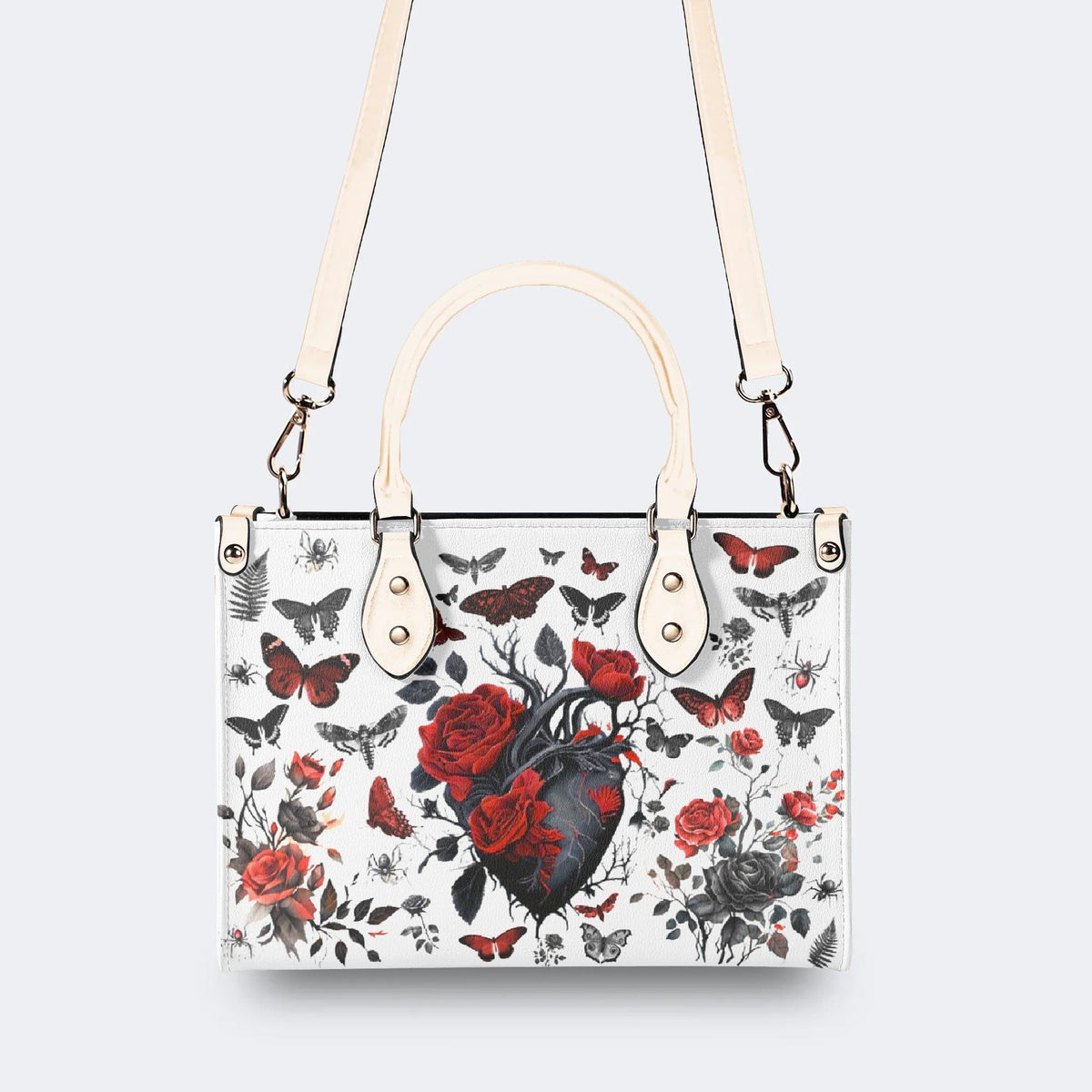 Heart Rose Butterfly Print - Leather Handbag