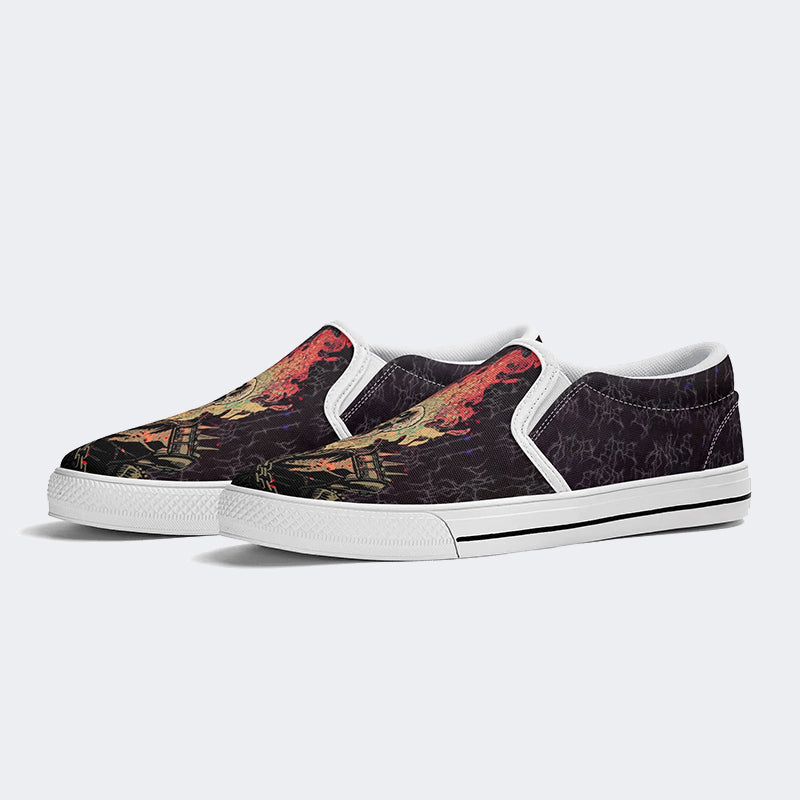 Unisex Punk Fire Skull Print - Slip On Shoes