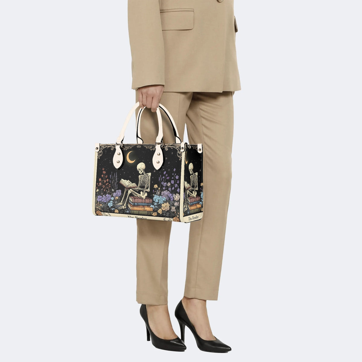 Skeleton Reading A Book Among Flowers - Leather Handbag
