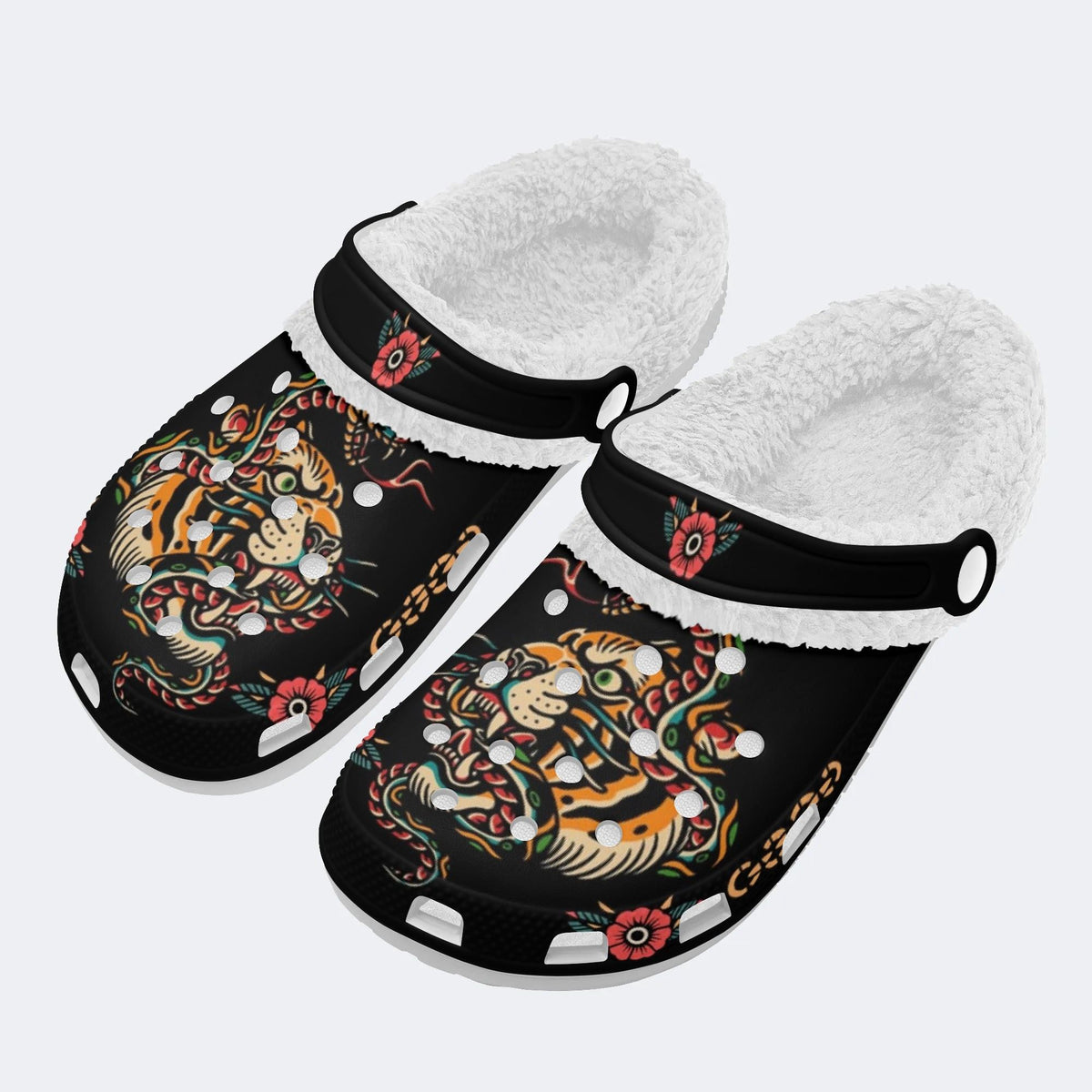 Vintage snake and tiger print - Fur Lined Slippers/Sandals