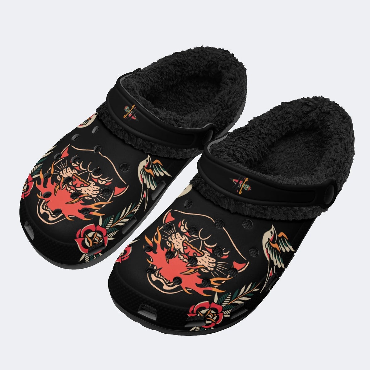 Old School Leopard Tattoo Print - Fur Lined Slippers/Sandals