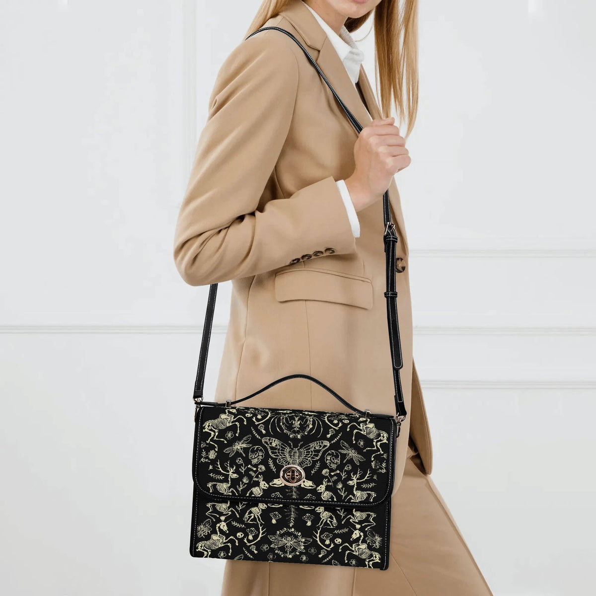Dark Cottagecore Forest Animal Bones Print - Leather Satchel Bag