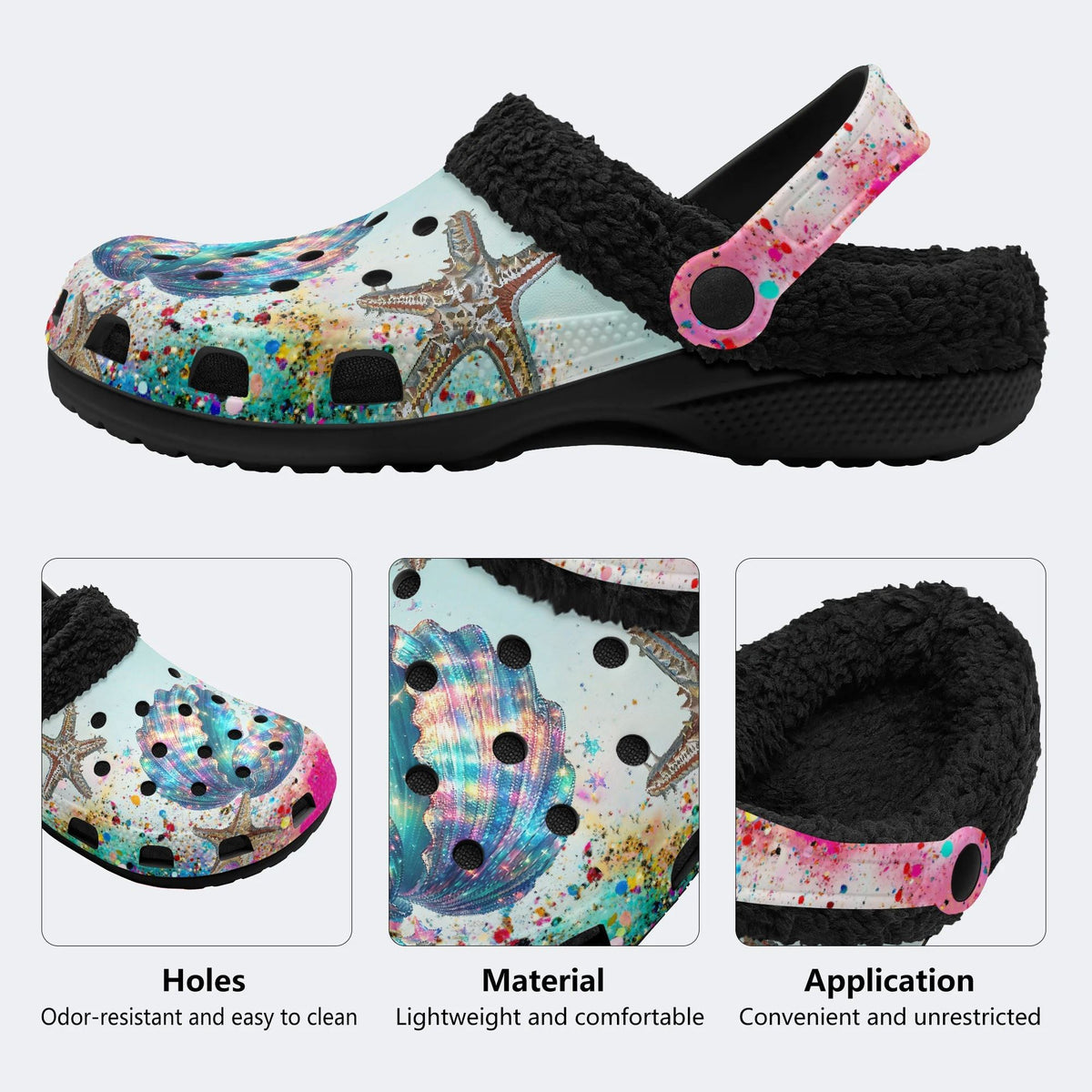Colorful shells and starfish - Fur Lined Slippers/Sandals