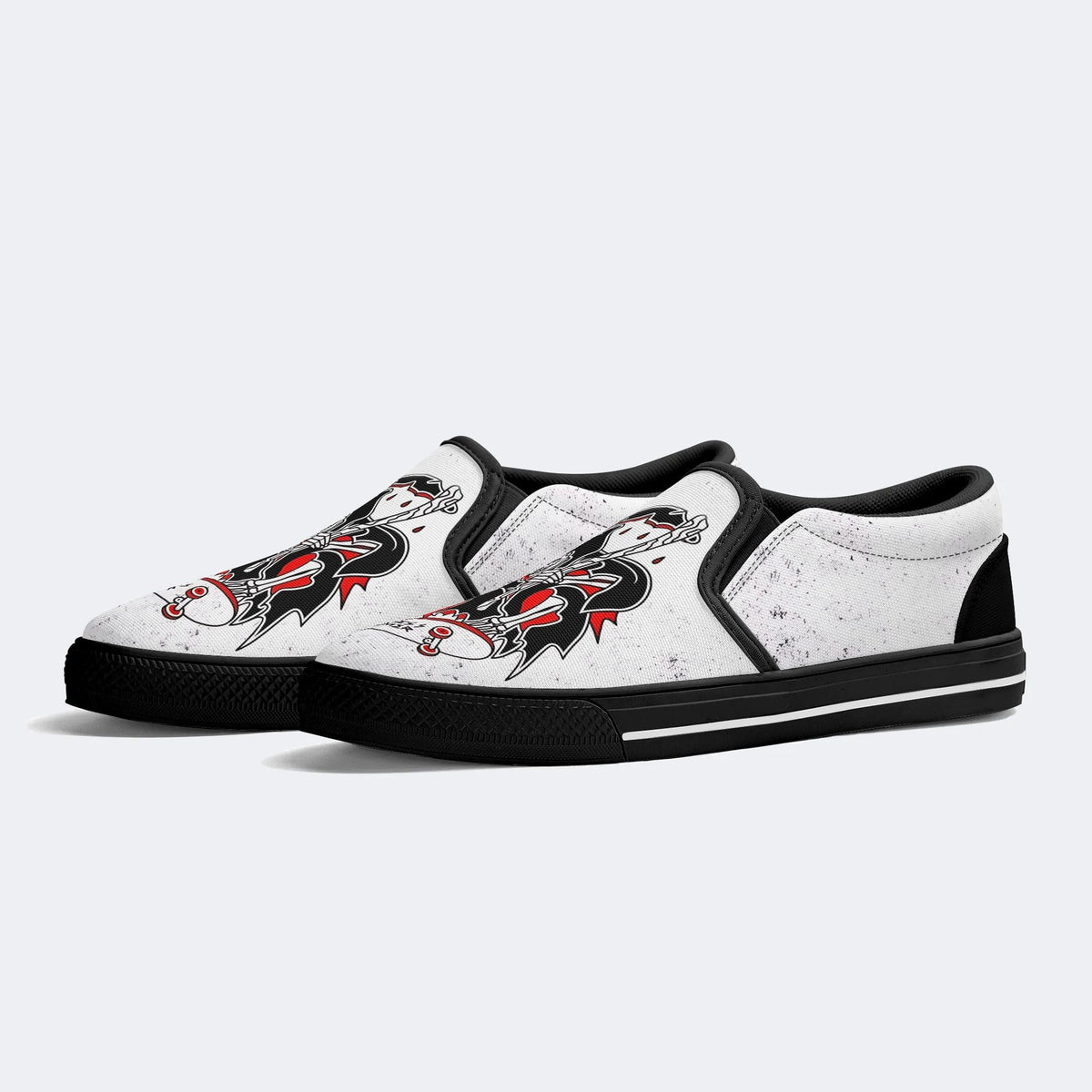 Skateboard Skull Print - Slip On Shoes