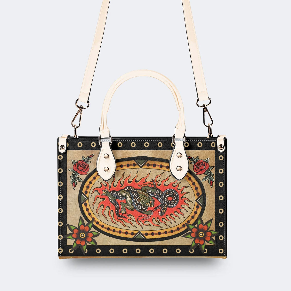 Retro Toad And Snake Print - Leather Handbag