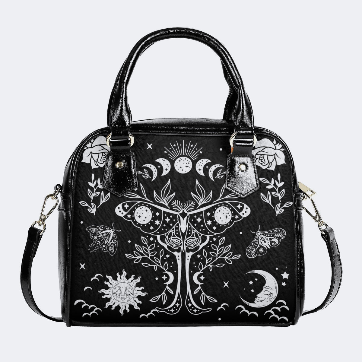 Sun And Moon Moth Retro Print - Leather Shoulder Handbag