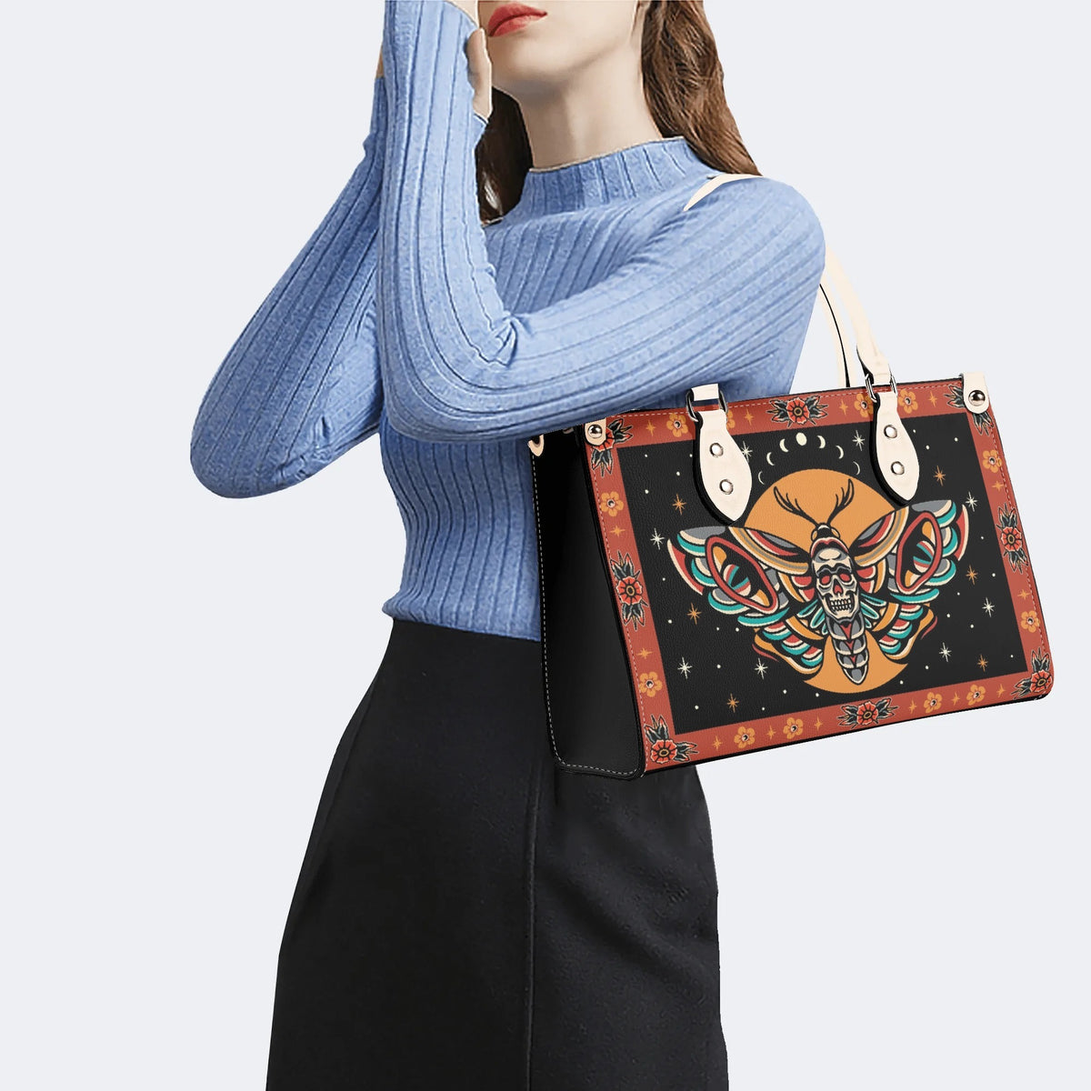 Old School Death Moth Vintage Print - Leather Handbag