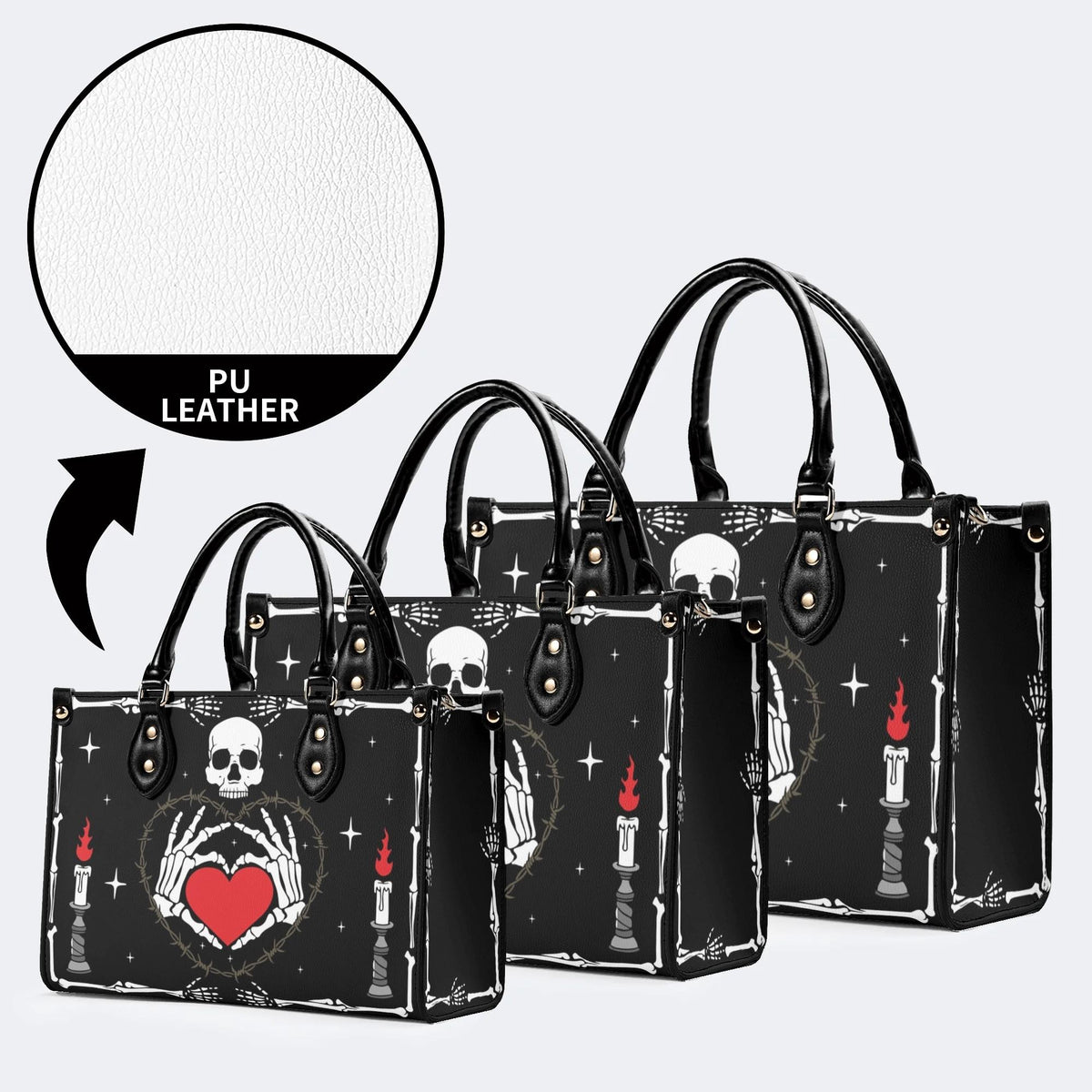 Retro Skull Heart Print - Leather Handbag