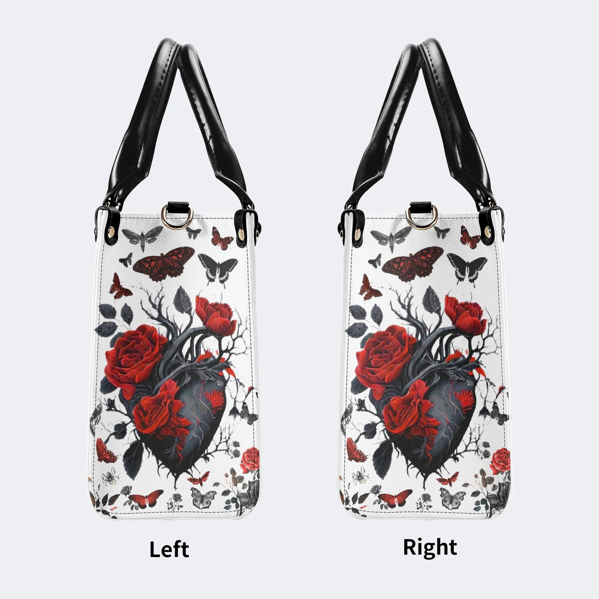 Heart Rose Butterfly Print - Leather Handbag