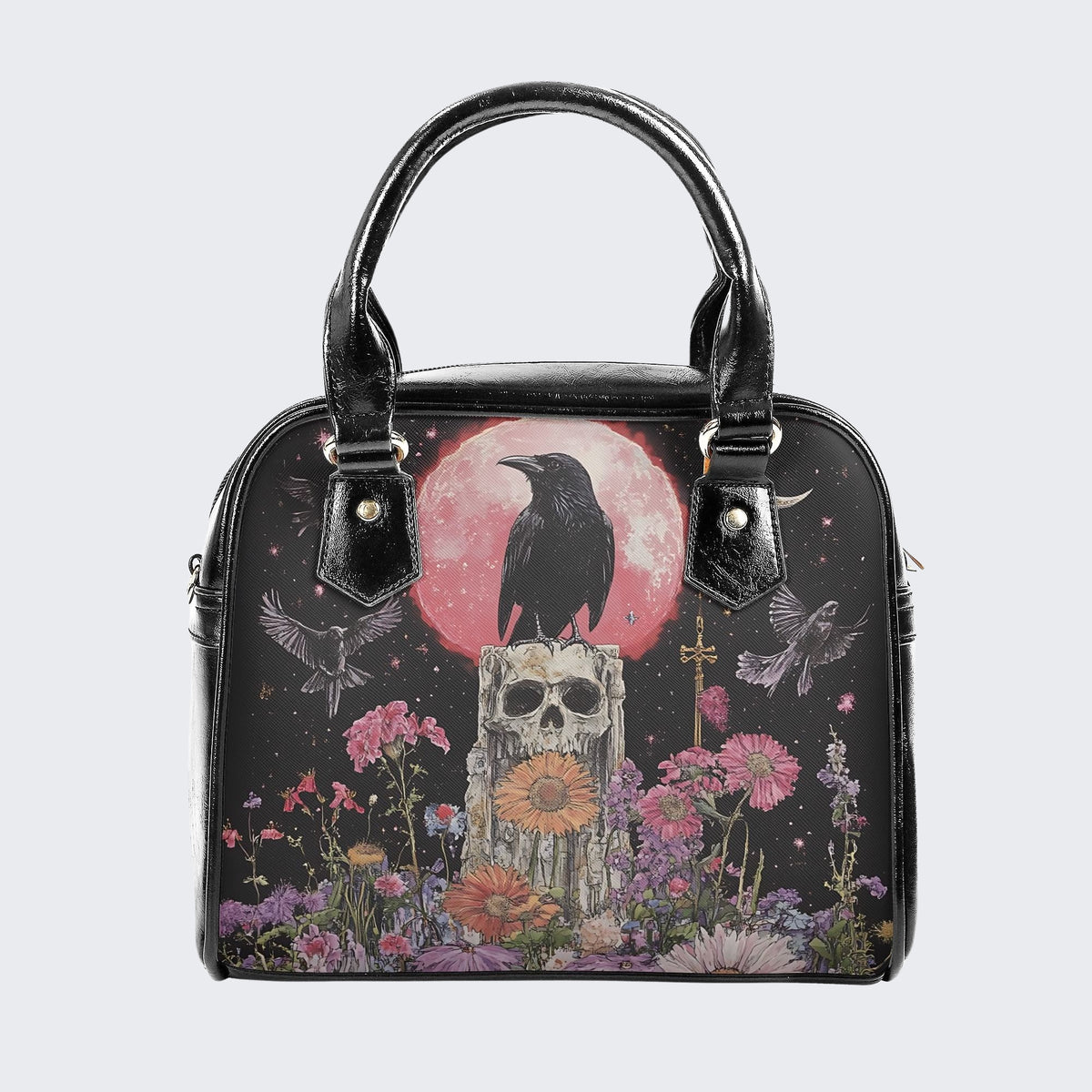 Dark Skull Crow Print - Leather Shoulder Handbag