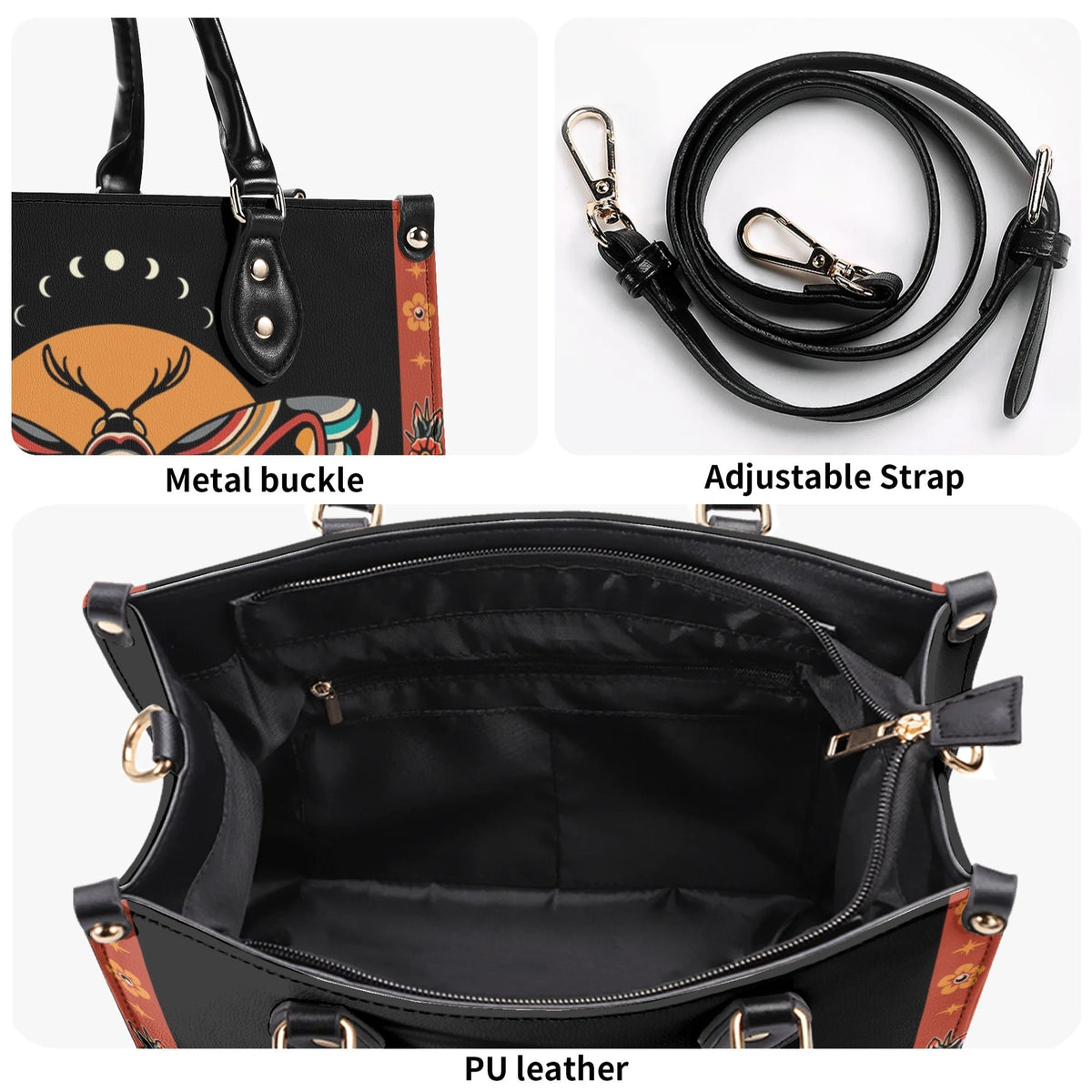 Traditional Death Moth Vintage Print - Leather Handbag