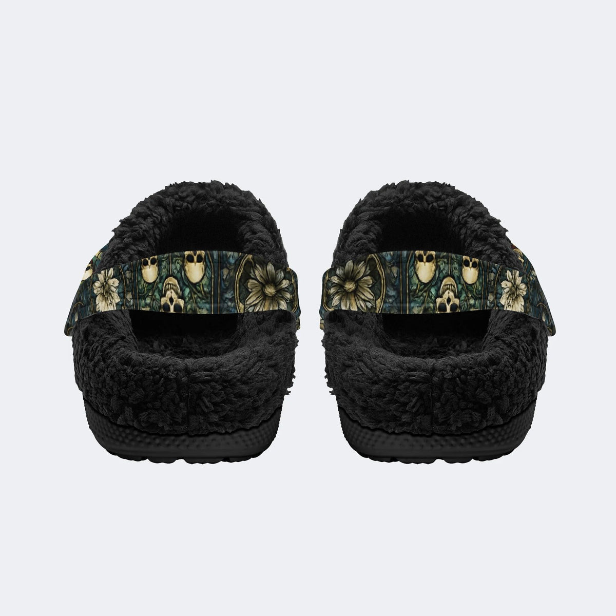 Skull And Moth Print - Fur Lined Slippers/Sandals