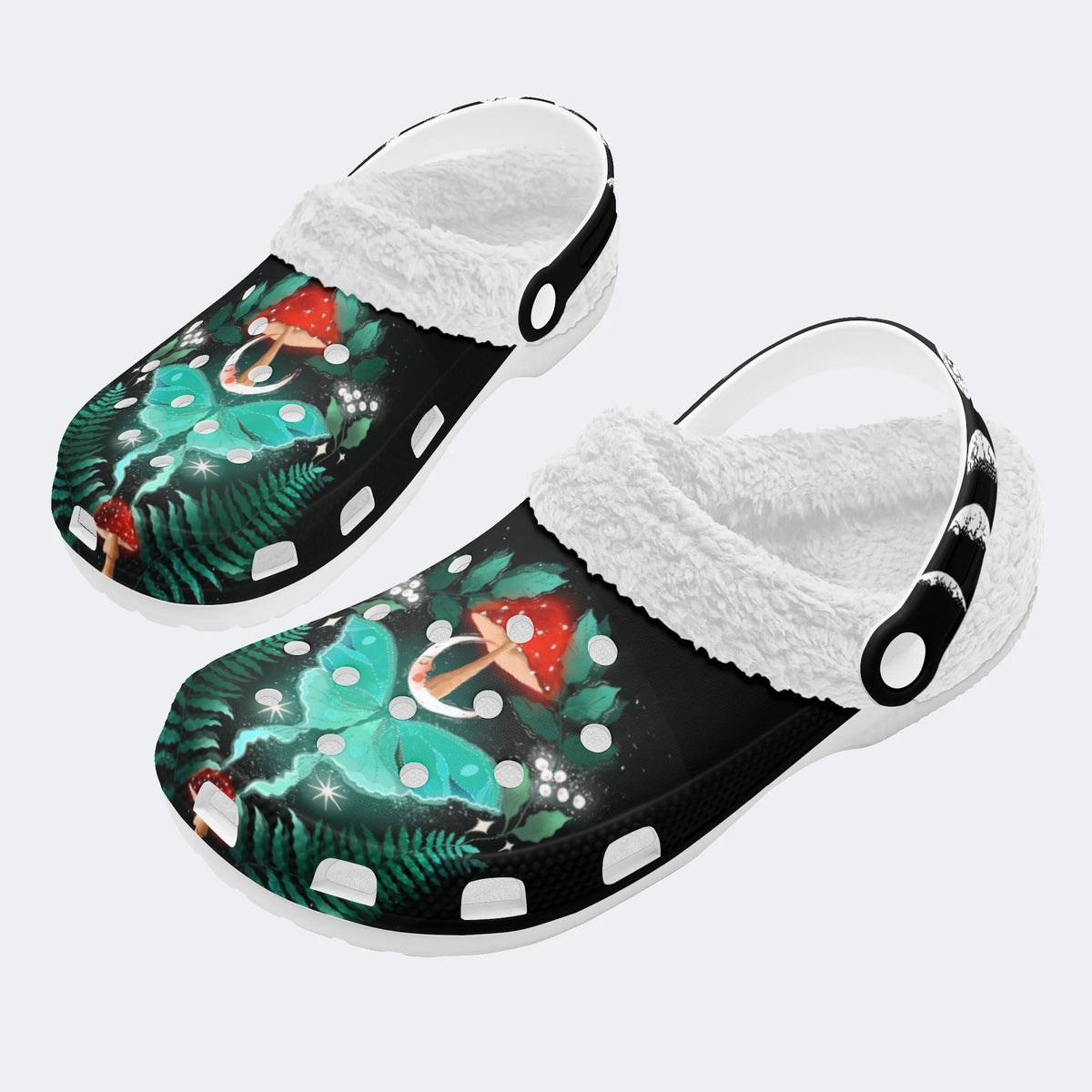 Night Sky Mushroom Butterfly Print - Removable Fur Lined Slippers/Sandals