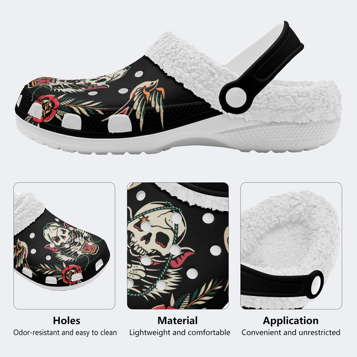 Skull Wolf Print - Fur Lined Slippers/Sandals