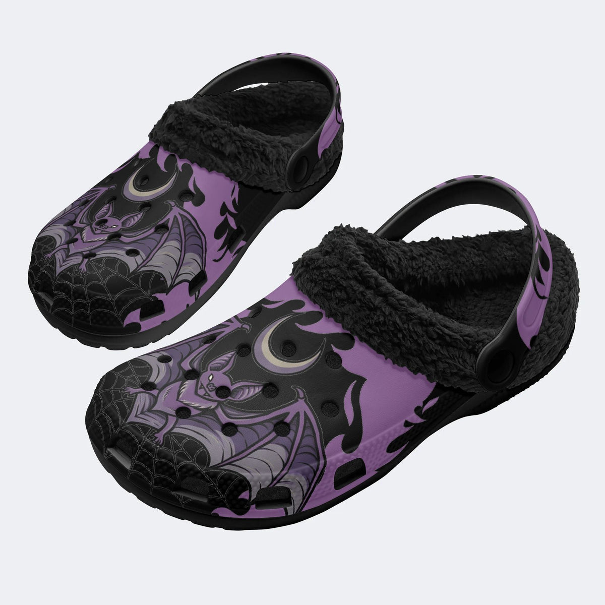 Gothic Bat Moon Spider Web Purple Flame - Fur Lined Slippers/Sandals