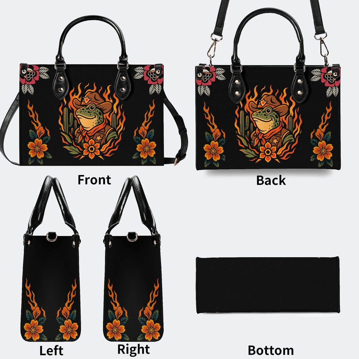 Flame Cowboy Frog Print - Leather Handbag