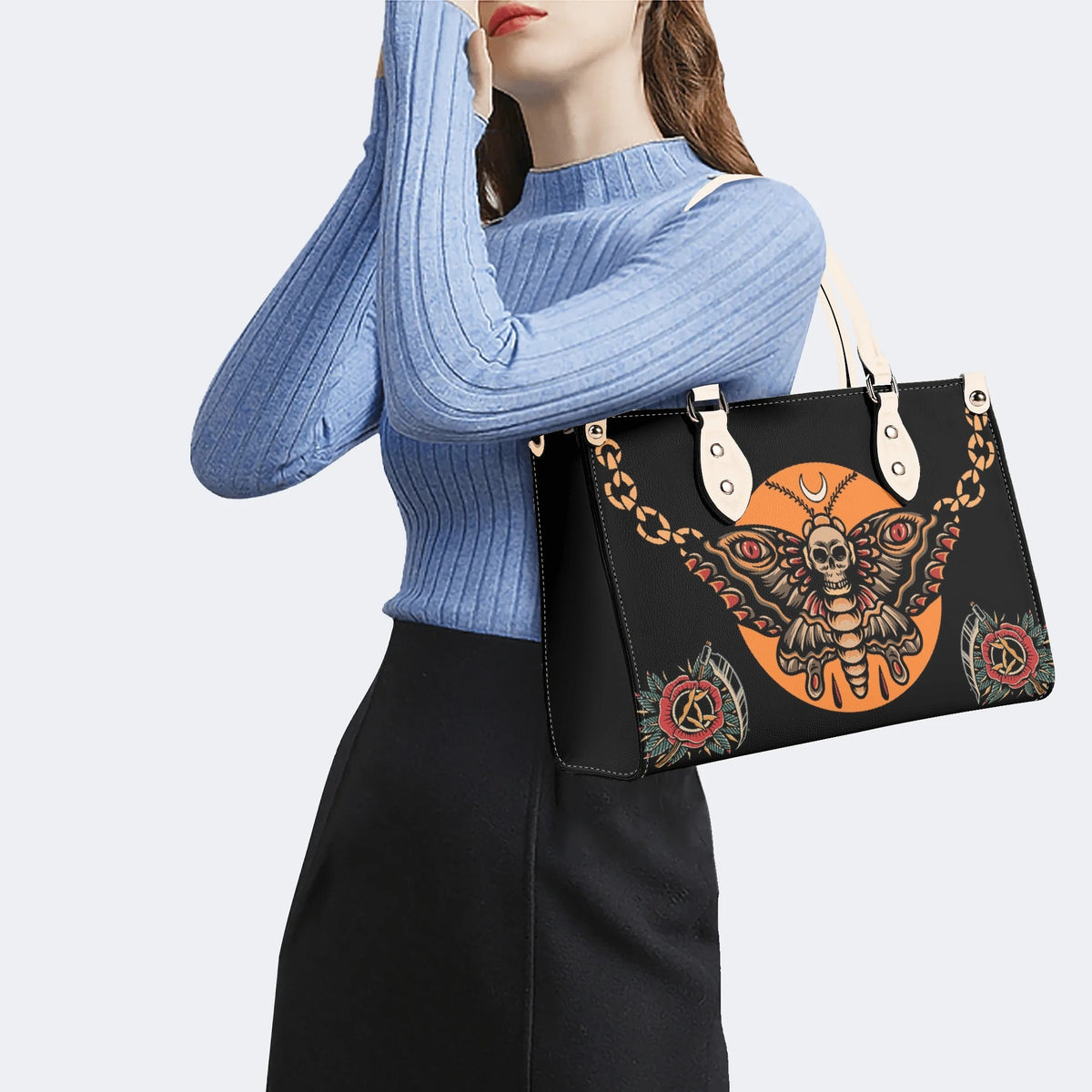 Old School Death Moth Vintage Print - Leather Handbag