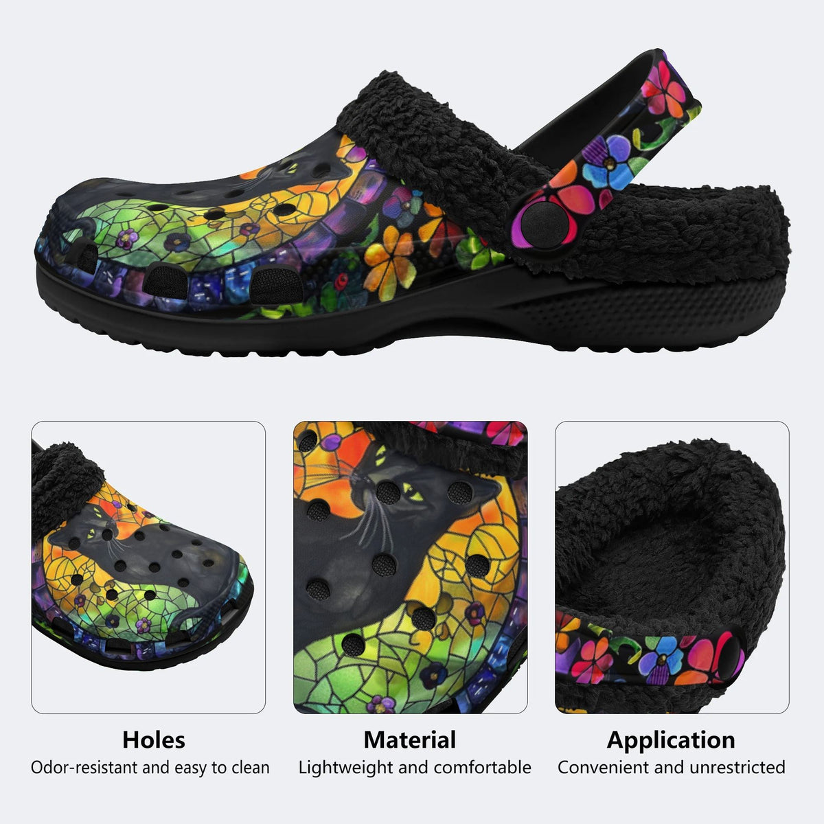 Colorful Glass And Black Cat - Fur Lined Slippers/Sandals