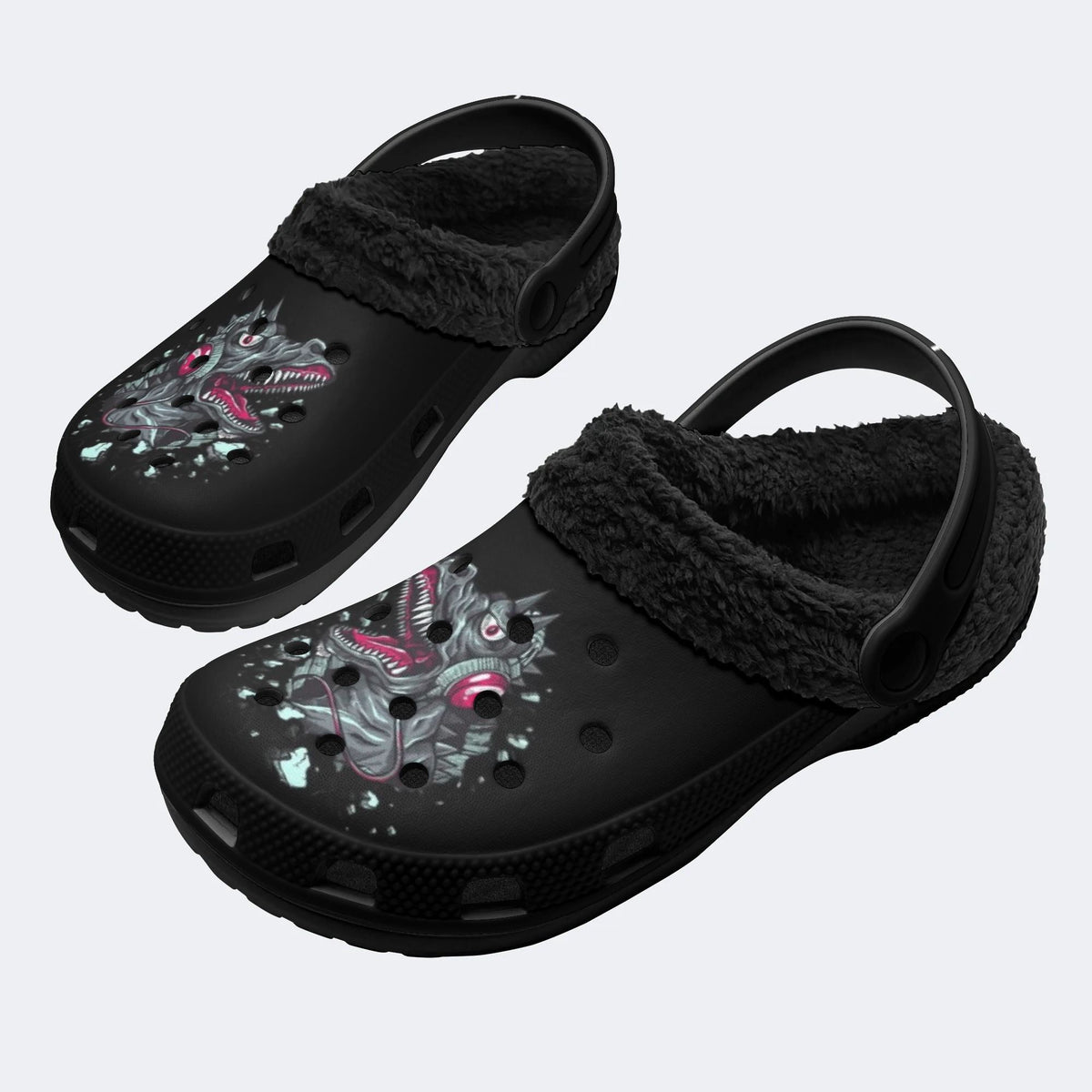 Punk Headphone Dinosaur - Fur Lined Slippers/Sandals
