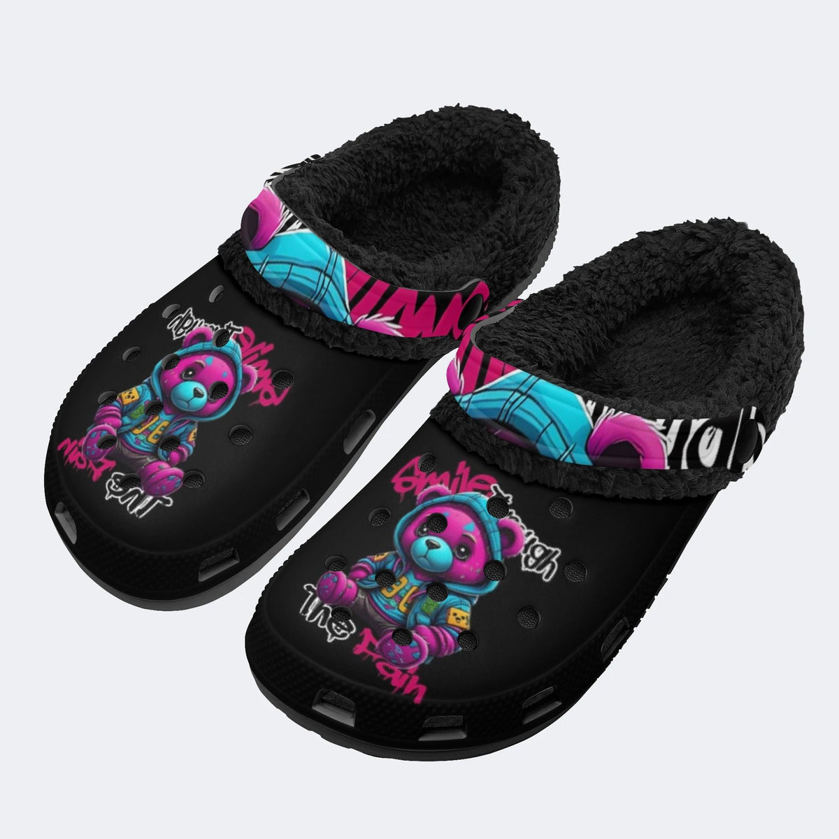 Graffiti Teddy Art - Fur Lined Slippers/Sandals