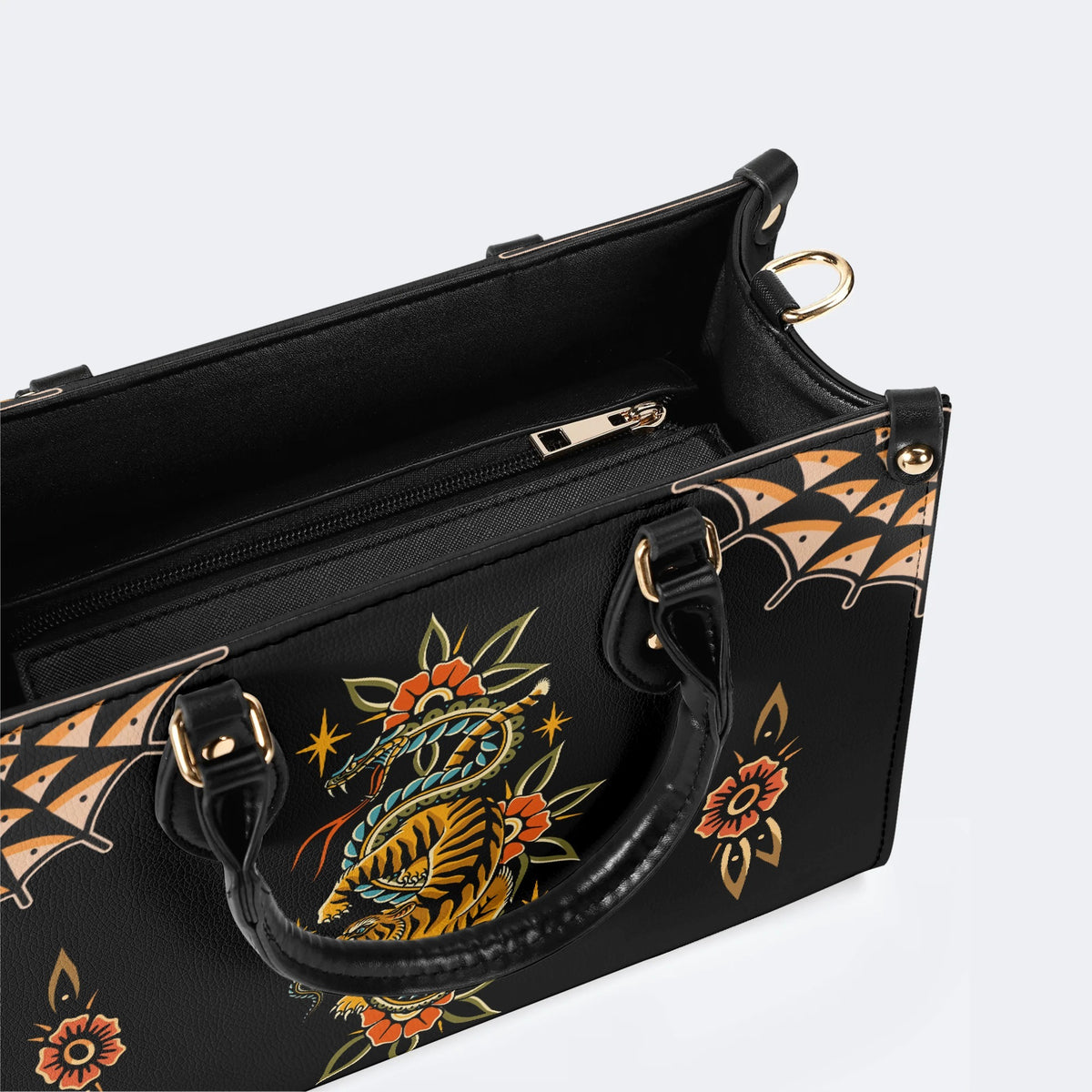 Vintage Snake And Tiger Print - Leather Handbag