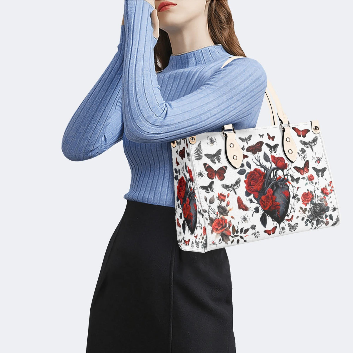 Heart Rose Butterfly Print - Leather Handbag