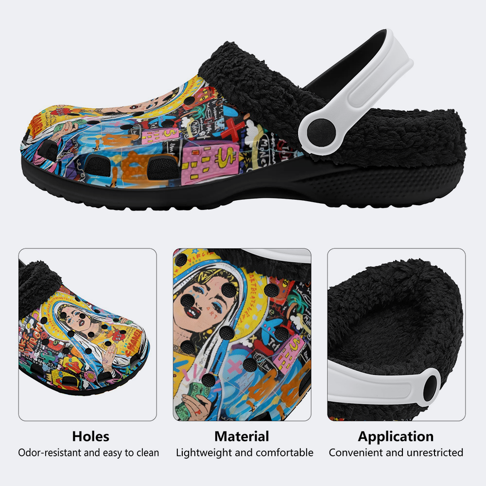 Unisex Christ Mary Graffiti Art Print - Fur Lined Slippers/Sandals