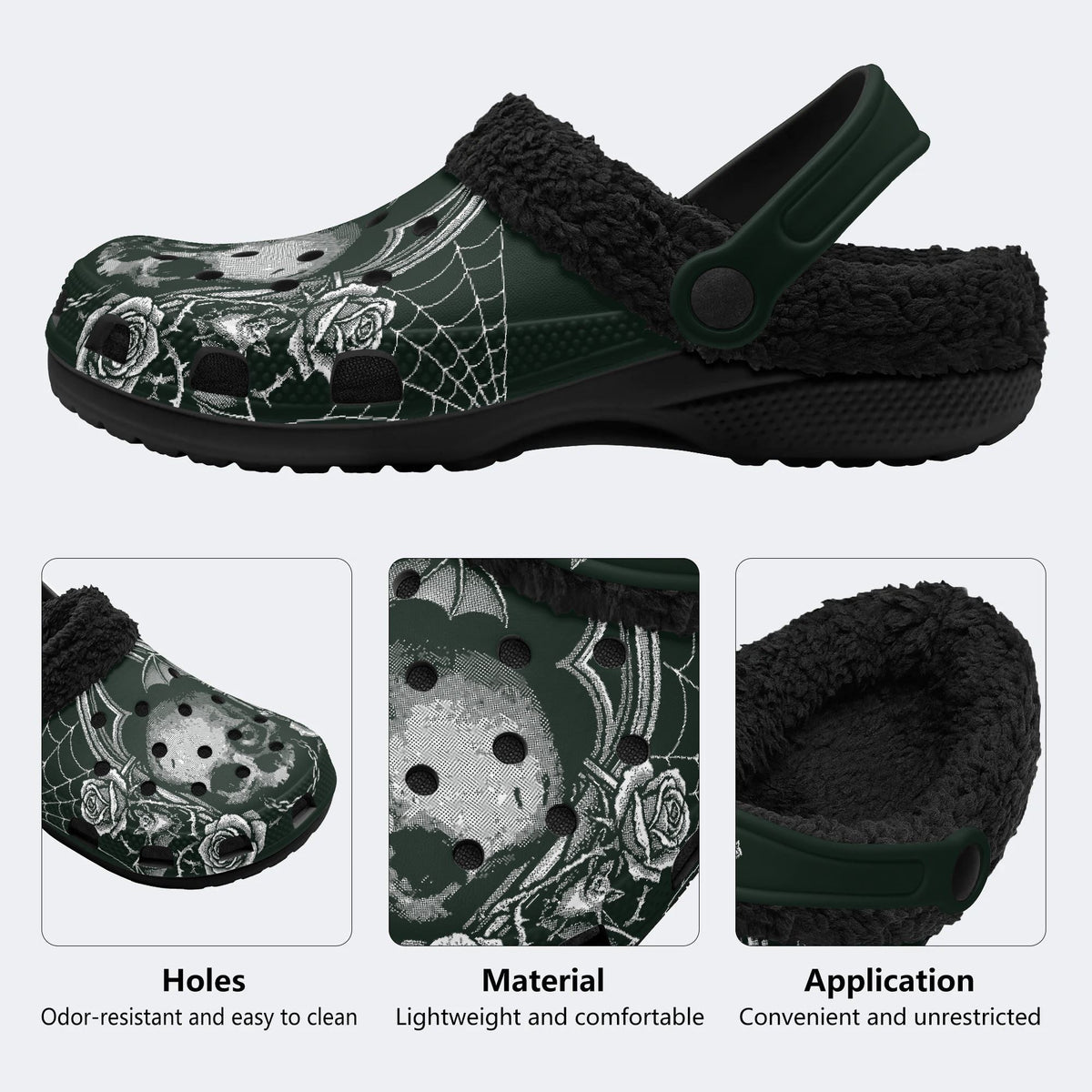 Dark Rose Skull Cross - Fur Lined Slippers/Sandals