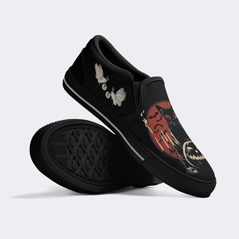 Halloween Pumpkin And Black Cat Print - Slip On Shoes