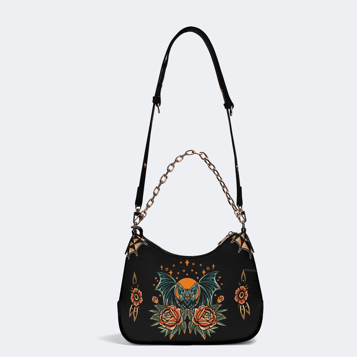 Bat And Flowers Retro Print - Leather Crossbody Bag