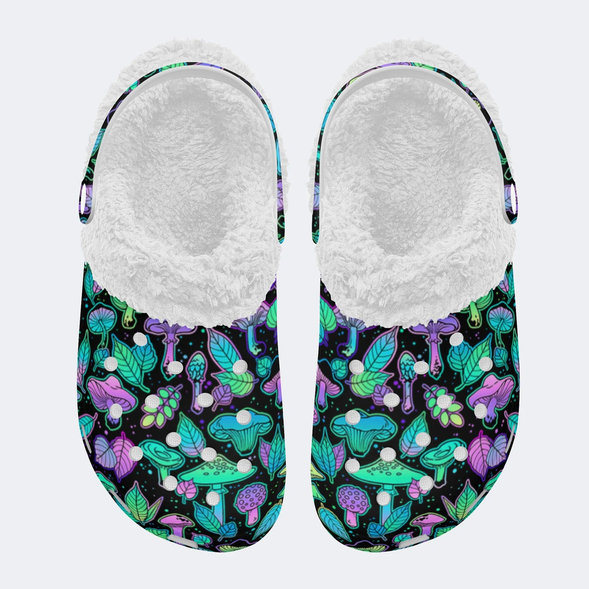 Bright Mushrooms&Plant Leaves Print- Fur Lined Slippers/Sandals