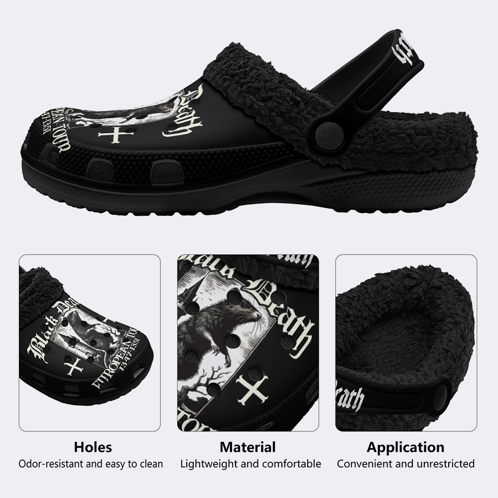 Black Death Print - Fur Lined Slippers/Sandals