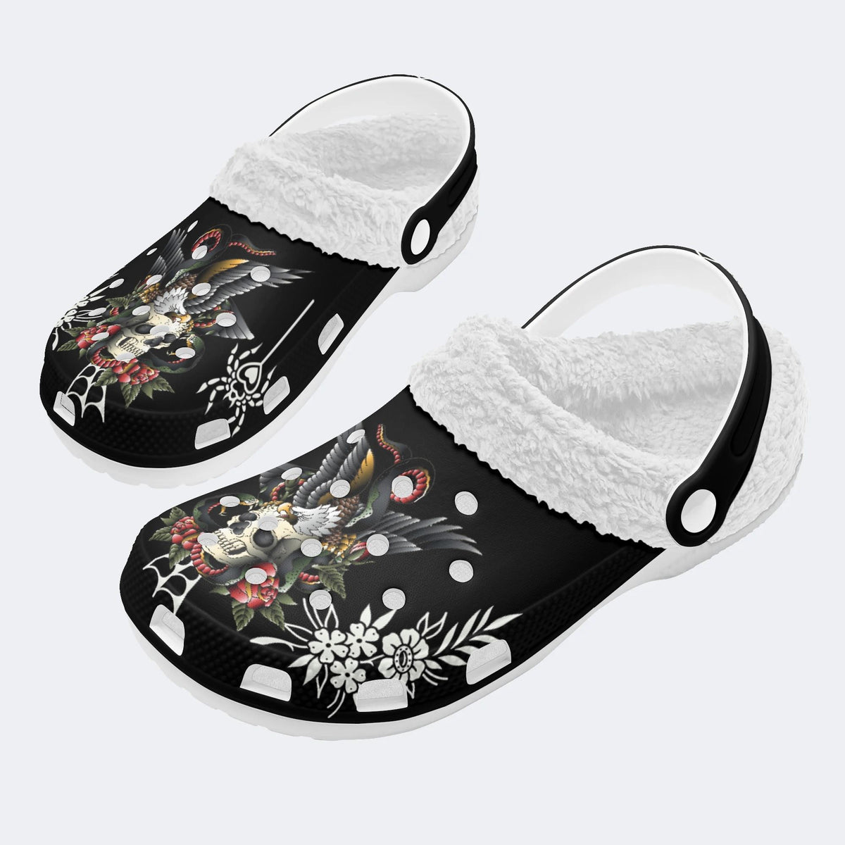 Eagle Skull Print - Fur Lined Slippers/Sandals