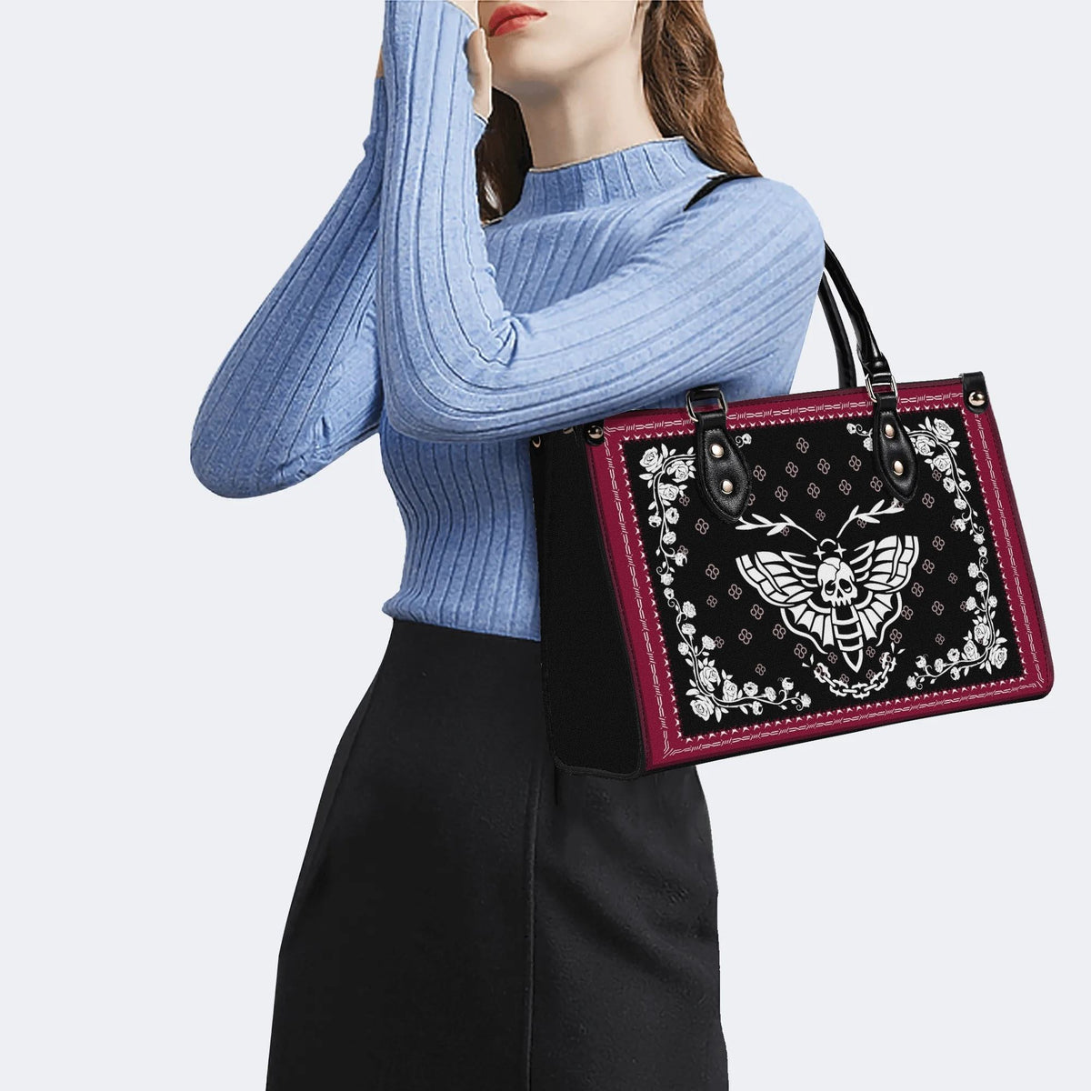 White Death Moth Print - Leather Handbag