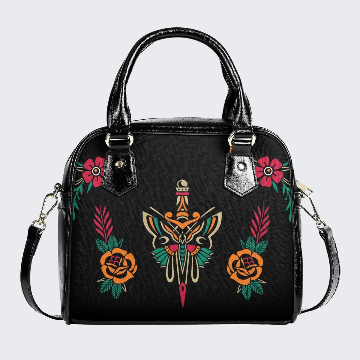 Sword And Moth Print - Leather Shoulder Handbag