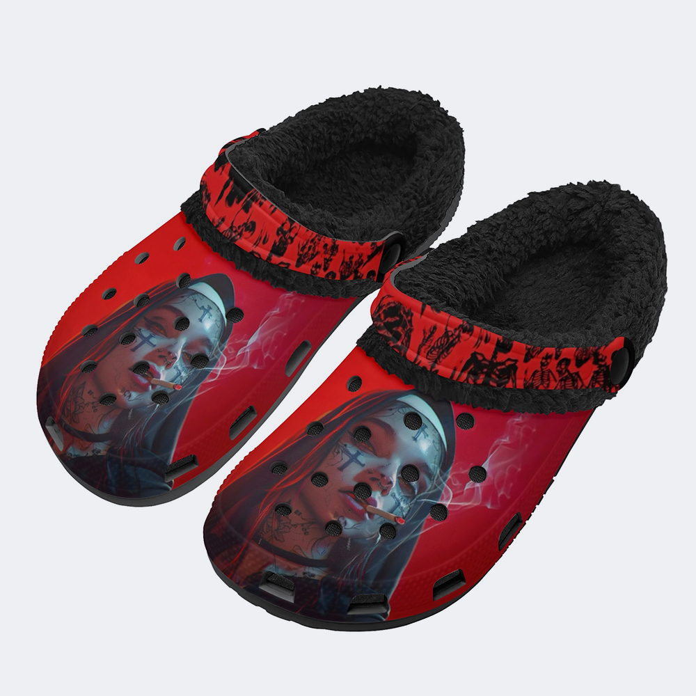 Smoking Nun Vintage Print - Fur Lined Slippers/Sandals