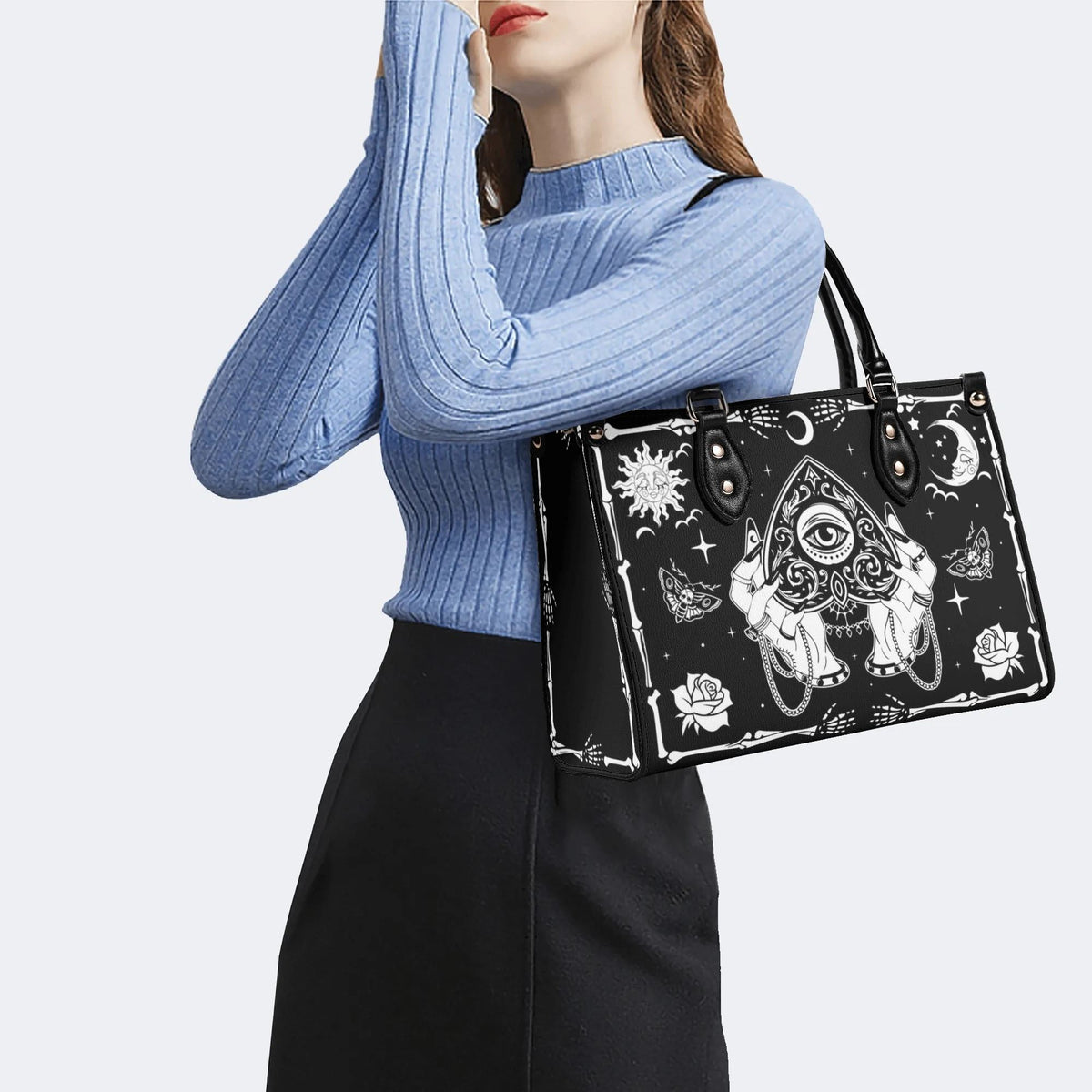 Poker Eyes And Moth Print - Leather Handbag